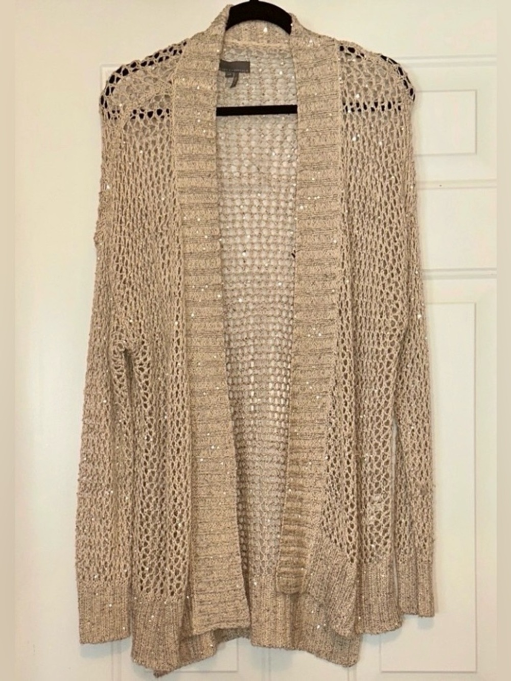 Buffalo Women's Open Cardigan Knit Sweater L Tan Sequins Miniamalist Career